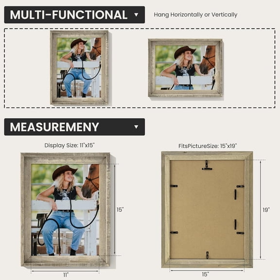 Rustic 12x16 Picture Frame, Reclaimed Barnwood Photo Frame with Tempered Glass, Distressed Finish, Perfect for Family Galleries. Can be Mounted Horizontally or Vertically, or Used as Tabletop Display