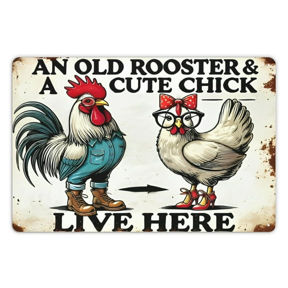 Rustic 12x8inch Sign - 1pc 'An Old Rooster & a Cute Chick Live Here' Wall Hanging Decor for Home, Porch, Bar, Cafe, Garage - Versatile English Phrase, Ideal for Gifting & Christmas Decoration