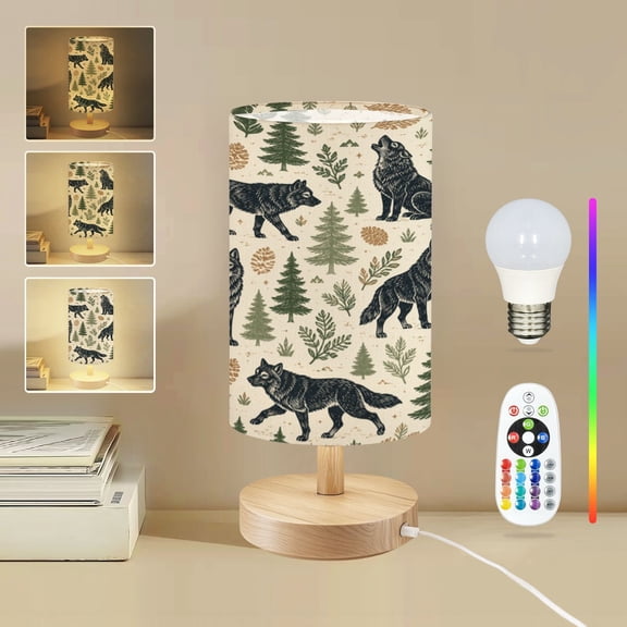 Rustic 16-Color Dimmable Table Lamp, Black Wolf Wildlife Wolf Vintage Wooden Bedside Lamp Nightstand Light for Bedroom Nursery, Wood Base Fabric Shade Reading Lamps Gifts for Kids