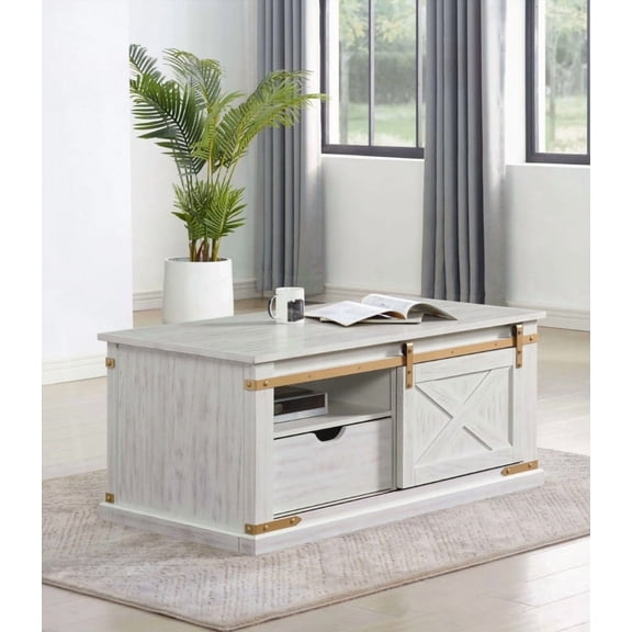 Rustic Coffee Table in Antique White for Living Room - Open Shelves & Drawer, Easy to Clean