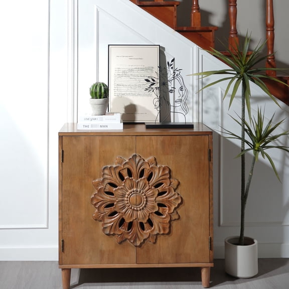 Rustic 2-Door Wooden Cabinet | Ideal for Living Room and Bedroom Storage | Hand-Carved Floral Design on Engineered Hardwood | Solves Clutter with Ample Space