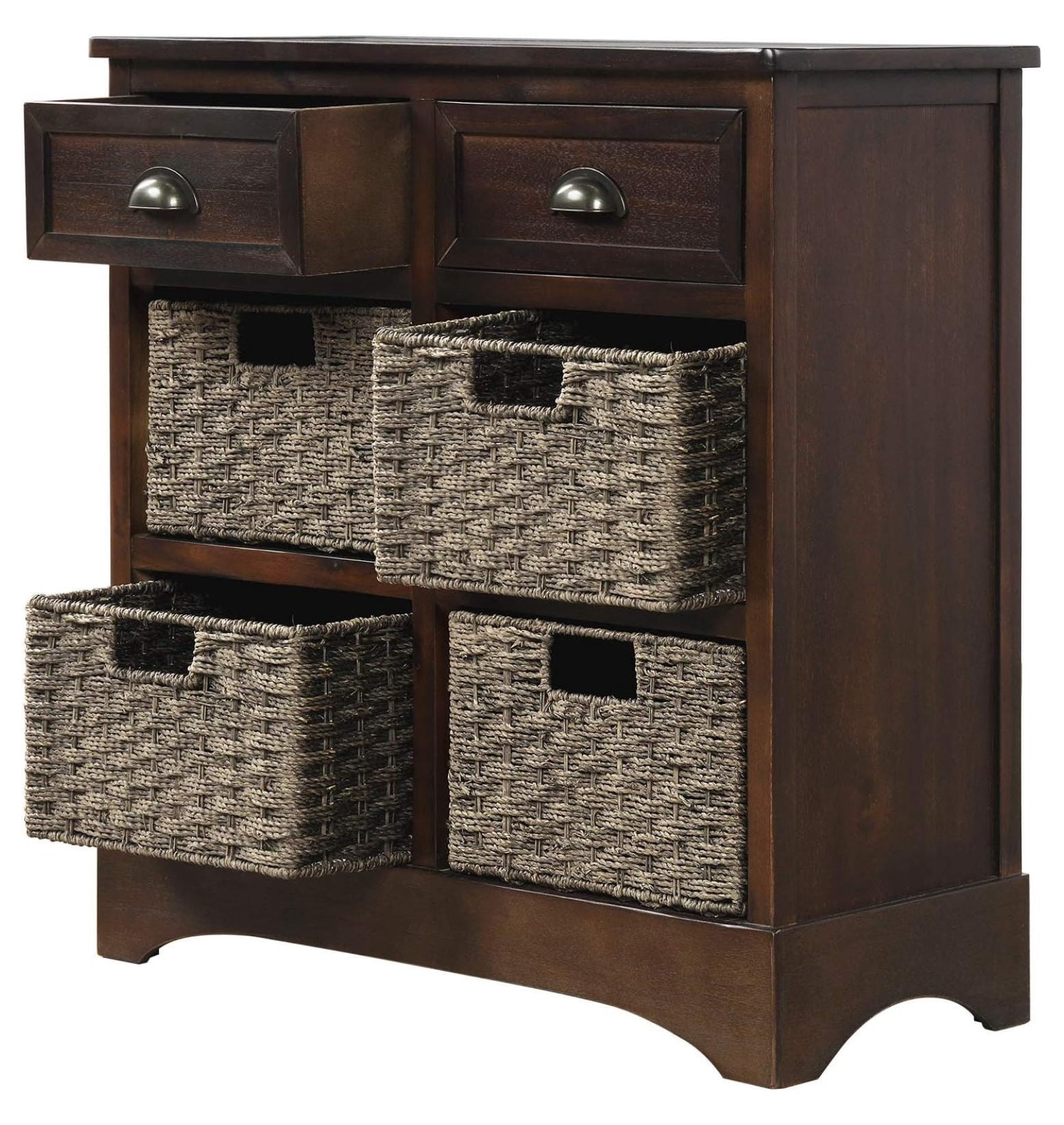 Rustic 2Drawer Storage with 4 Rattan Baskets, Living Room