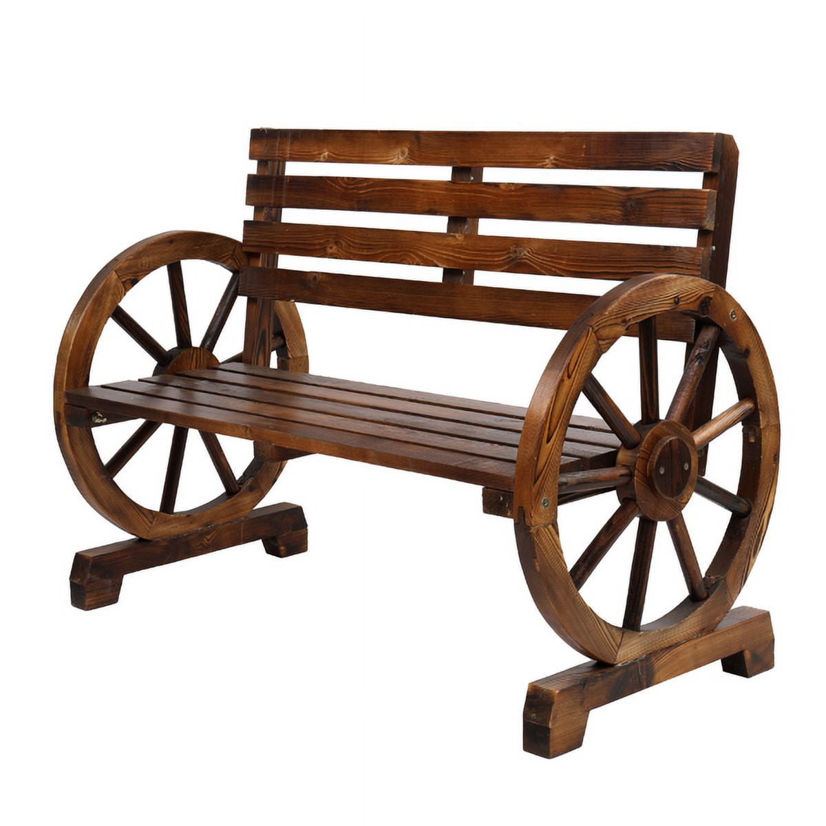 Rustic 2-Person Wooden Wagon Wheel Bench with Slatted Seat and Backrest for Patio Garden, Brown