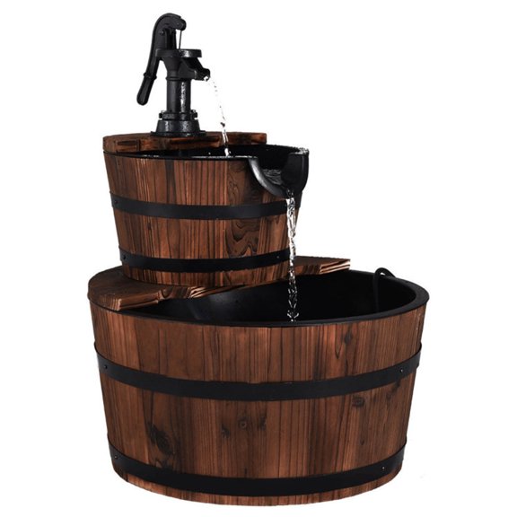 Rustic 2 Tier Barrel Water Fountain with Hand Pump Fir Wood Outdoor Water Fountain for Patio Garden Yard
