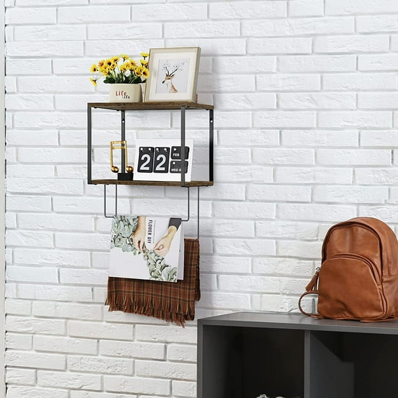 Rustic 2 Tier Bathroom Wall Shelf Hanging Towel Holder Rack Organizer w/Bars