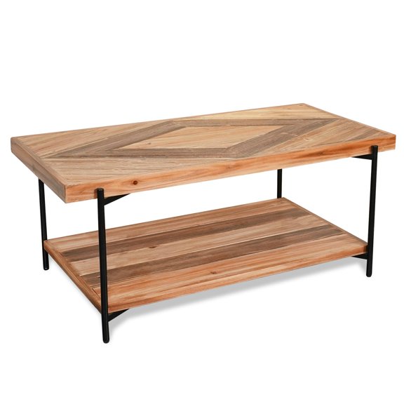 Rustic 2-Tier Coffee Table With Geometric Wood Top And Black Metal Frame