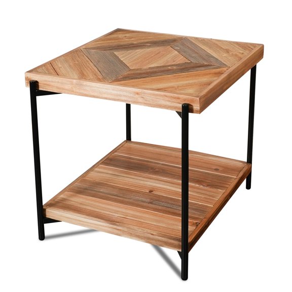 Rustic 2-Tier End Table With Geometric Wood Top And Black Metal Frame