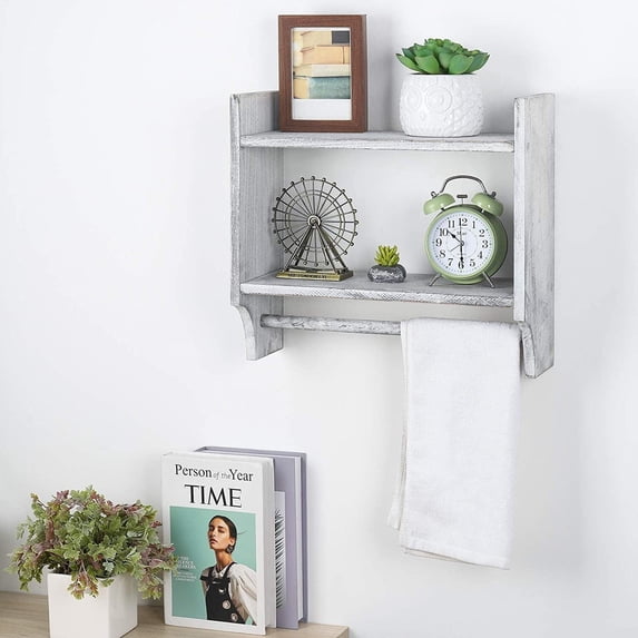 Rustic 2-Tier Wall Mount Bathroom Shelf with Towel Bar, Gray & White
