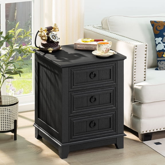 Rustic 3 Drawers Nightstand, 18" Wood Farmhouse Night Stand with Drawers for Bedroom, Living Room, Black