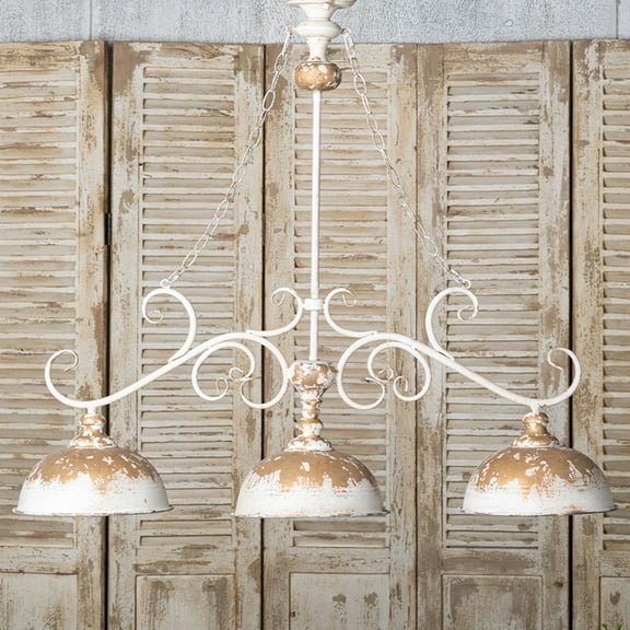Rustic 3-Light Chandelier with Distressed White and Gold Finish, Farmhouse Ceiling Fixture, 1pc