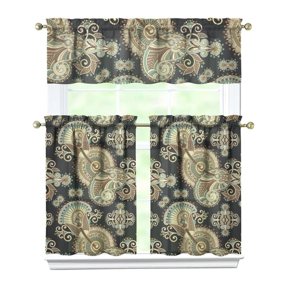 Rustic 3 PC Kitchen Curtains Set - Abstract Decorative Vintage Tier Curtains for Caf Windows (54x18 + 27.5x36x2)