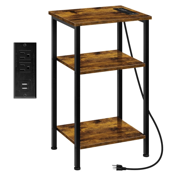 Rustic 3-Tier End Table with Charging Station, Industrial Nightstand with USB Ports & Power Outlets