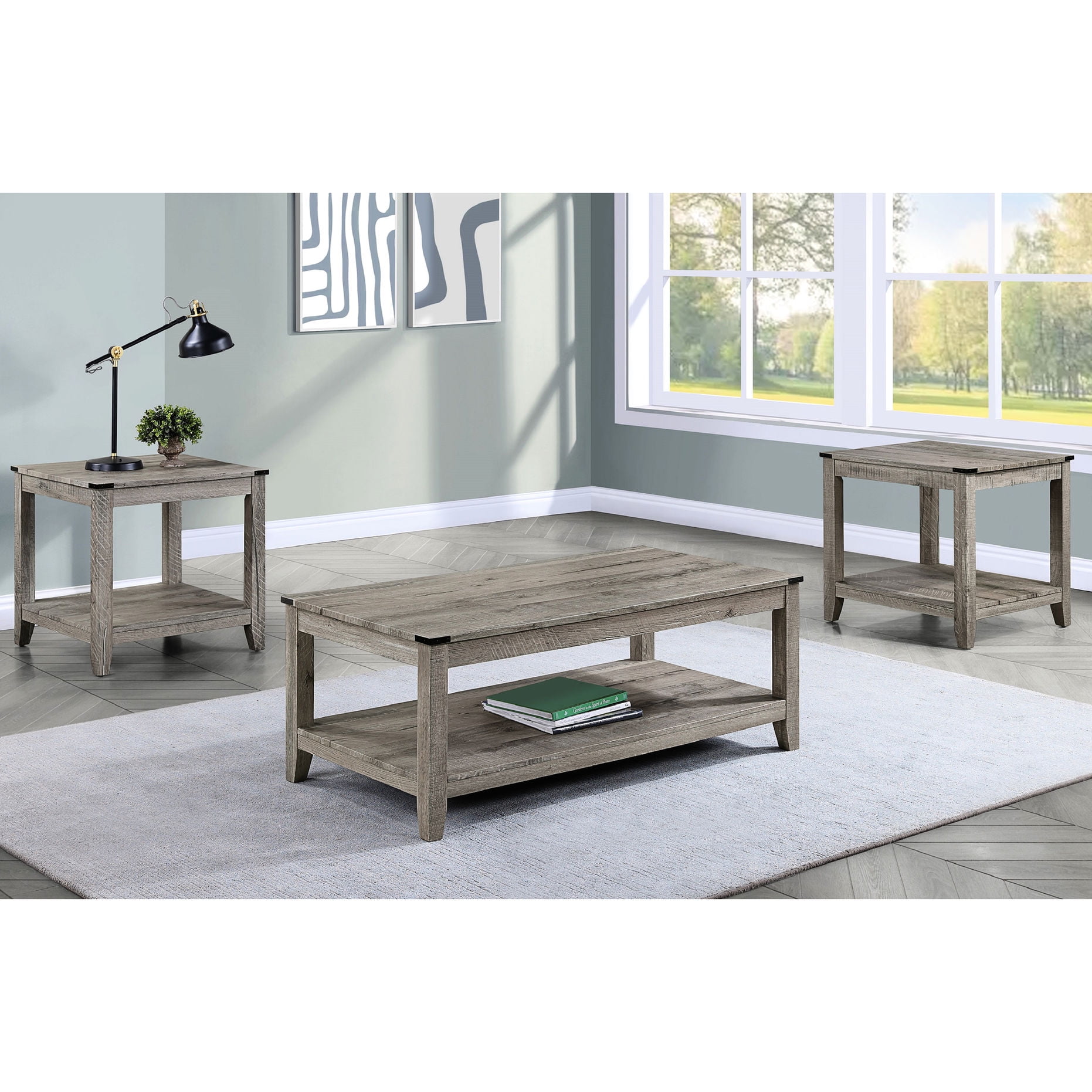 Rustic 3-piece wooden table set with gray brown - Beautify living room ...