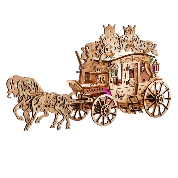 Rustic 3D Horse-Drawn Cart Assembly Kit - 3D Wooden Puzzle DIY Carriage Model, Tabletop Decor Craft With Night Light - Festive D