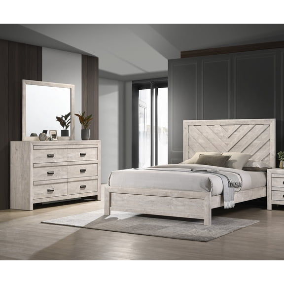 Rustic 3pc Chevron-patterned Gray Finish King Size Bed Dresser Mirror Set