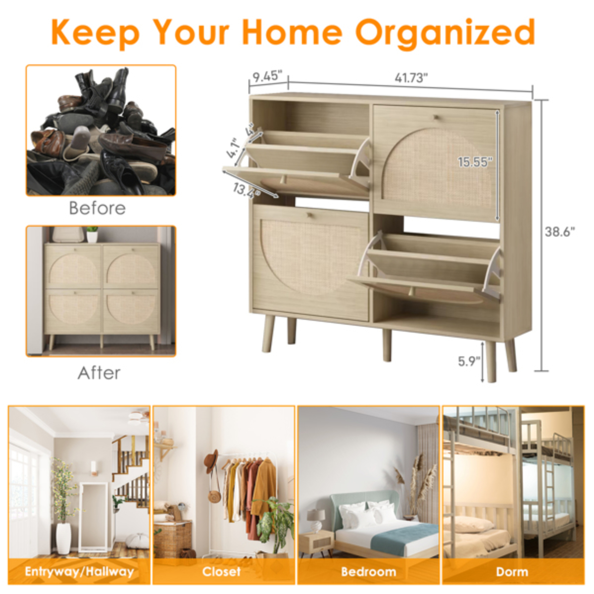 Rustic 4Drawer Rattan Shoe Organizer Unit with Ample Storage