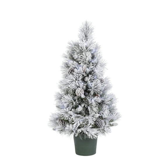 Rustic 4 Foot Prelit Burlap Tree with Flocking, Glitter, and Pinecones