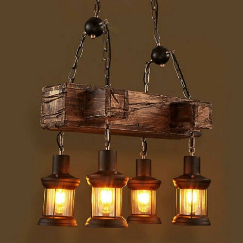 Rustic 4 Heads Chandelier Wood Industrial Ceiling Lamp Pendant Light Fixture USA