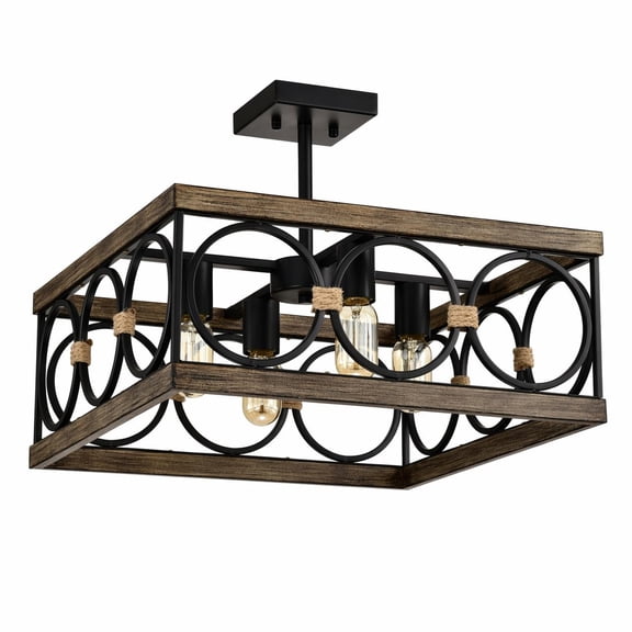 Rustic 4-Light Wood & Black Metal Square Ceiling Fixture with Open Frame for Kitchen Island, Dining Room, Living Room, Office