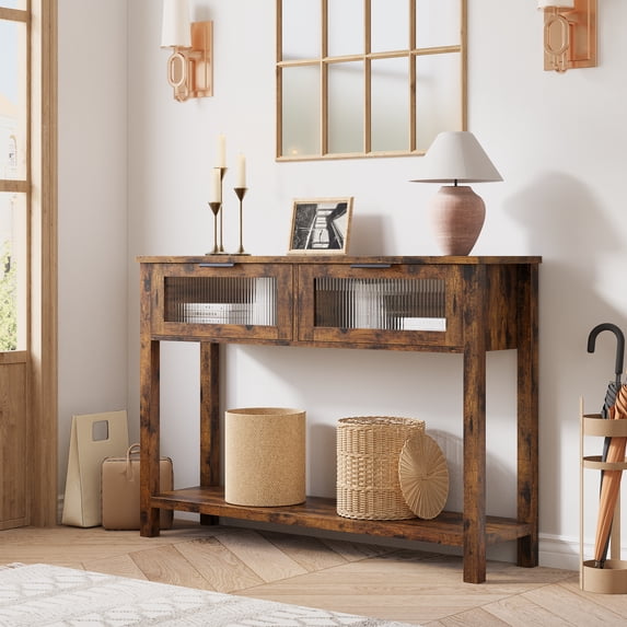 Rustic 43" Brown Wood Console Table with 2 Glass Drawers – Narrow 2-Tier Sofa Side Table, Open Storage Shelf for Living Room, Hallway, Foyer, Kitchen, Office