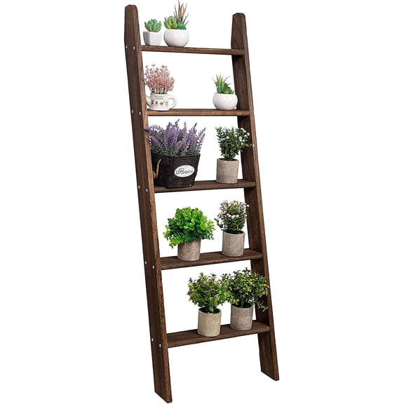Rustic 5-Tier Wall-Leaning Wood Loadder Towel Racks for Bathroom Livingroom Kithen Office Woden Farmhouse Ladder-Style Blanket Rack Multipurpose Organizer Rack for Home (Brown)