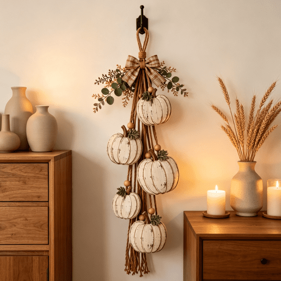 Rustic 5 White Pumpkin Hanging Swag, Farmhouse White Pumpkin Swag with Burlap & Plaid Ribbon, Autumn Harvest Wall Hanging for Front Door Porch