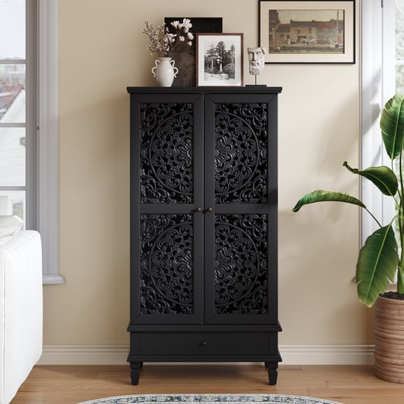 Rustic 55'' Tall Storage Cabinet with Drawer, Decorative 2-Door Carved Wood Accent Cabinet with Solid Wood Legs for Living Room, Hallway, Dining Room, Black