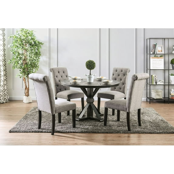 Rustic 5pc Dining Set Round Dining Table 4x Side Chairs Gray Fabric Button Tufted Scroll Back Chair Pedestal Base Dining Room