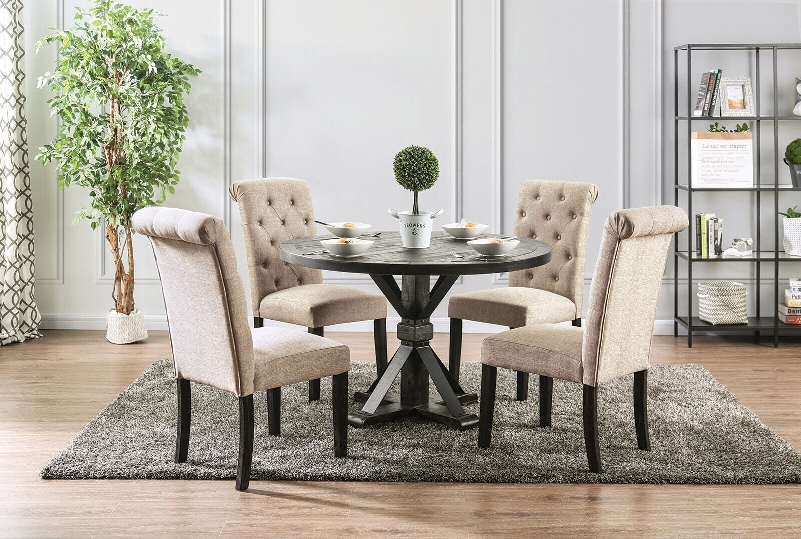 Rustic 5pc Dining Set Round Dining Table 4x Side Chairs Ivory Fabric