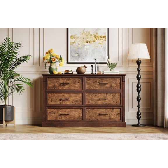 Rustic 6-Drawer Wood Dresser, 47" Long Farmhouse Chest — Closet Organizer for Bedroom, Living Room, Hallway & Entryway, Brown