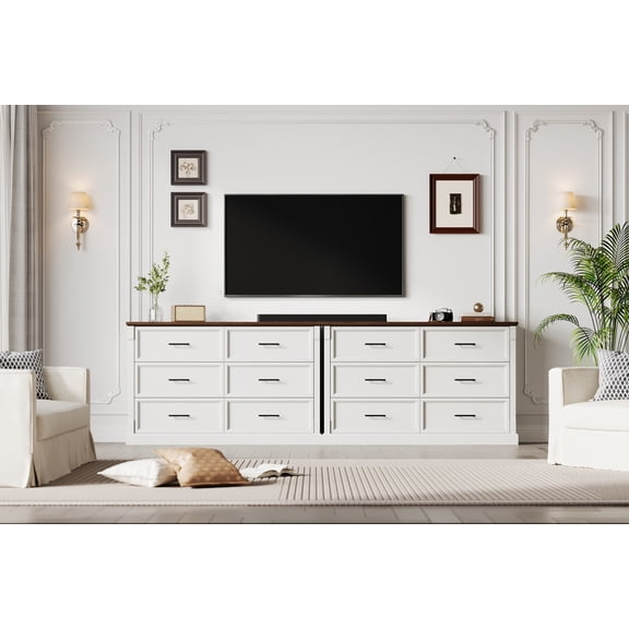 Rustic 6-Drawer Wood Dresser, 47" Long Farmhouse Chest — Closet Organizer for Bedroom, Living Room, Hallway & Entryway, White