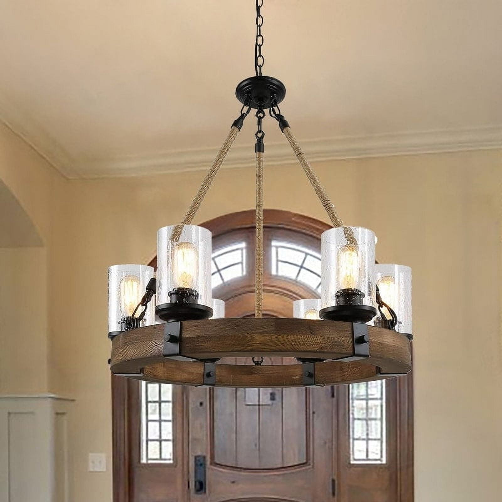Rustic 24.8in Wood Wagon Wheel Chandelier with Seeded Glass Shades