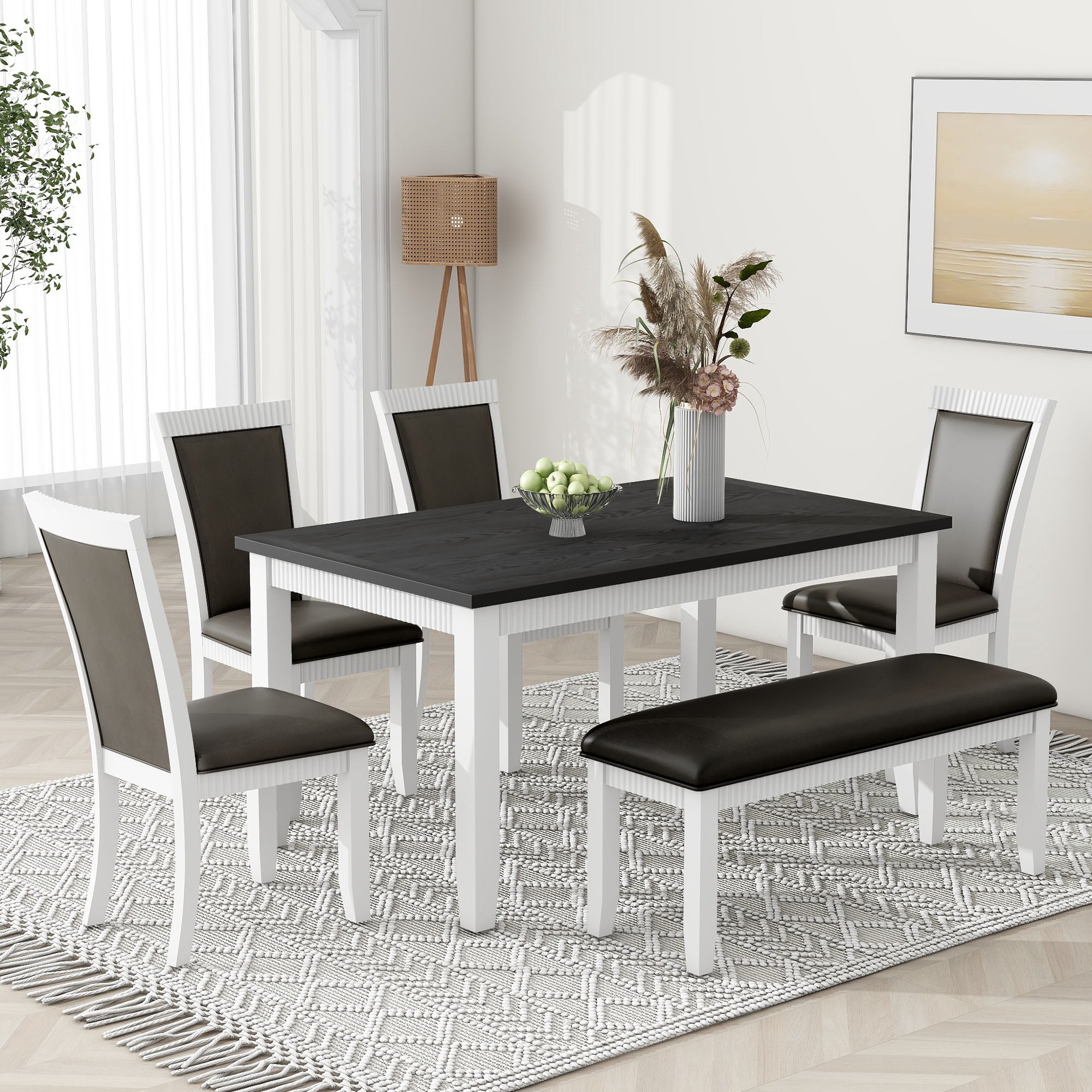 Rustic 6-Piece Dining Table Set for 6, 60" L Rectangular Table with 4 ...