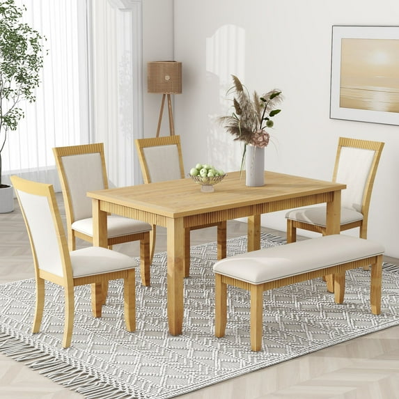 Rustic 6-Piece Dining Table Set for 6, 60" L Rectangular Table with 4 PU Leather Upholstered Chairs & 1 Bench, Solid Wood Kitchen Dining Rooms Table Set for Kitchen
