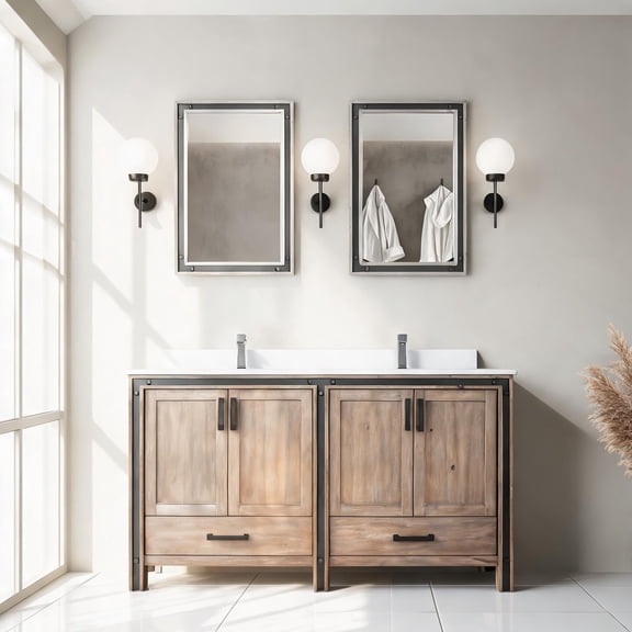 Rustic 60-Inch Double Bath Vanity with Mirrors, Barnwood Wood, Black Hardware