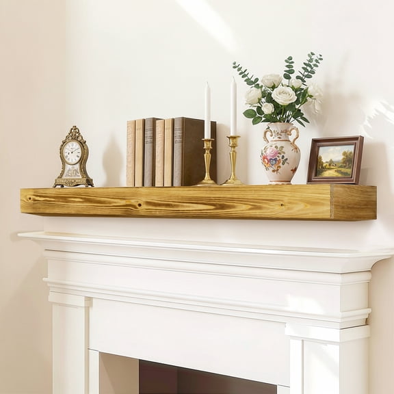 Rustic 60 Wood Floating Fireplace Mantel Shelf with Invisible Brackets, Handcrafted Solid Pine Mantle for Living Room Decor, Natural Wood+Brown