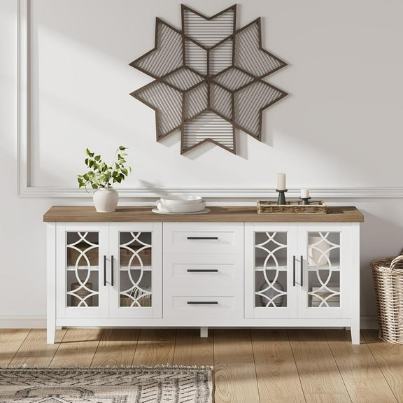 Rustic 70" TV Stand - Farmhouse Entertainment Center with Glass Door, 2 Storage Cabinets & 3 Drawers, Media Console for Living Room or Bedroom