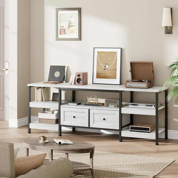 Rustic 79" TV Stand for TVs Up to 85", Industrial Media Console with 2 Drawers and Open Storage Shelves, Sturdy Metal Frame Entertainment Center