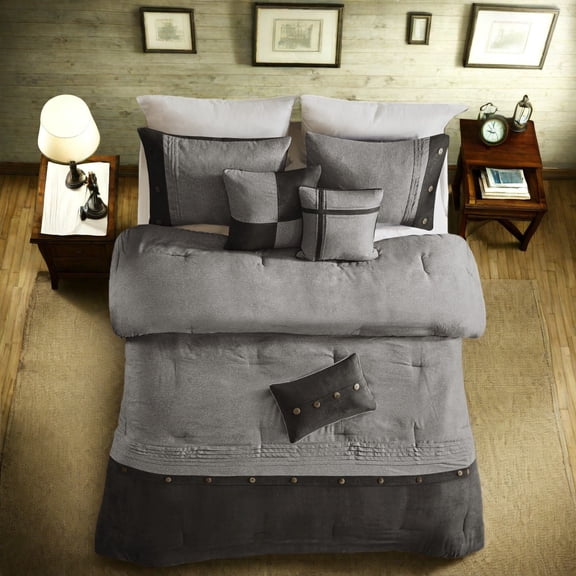 Rustic 7Piece Faux Suede Bedding Sets Grey Microsuede Comforter for Home Dcor