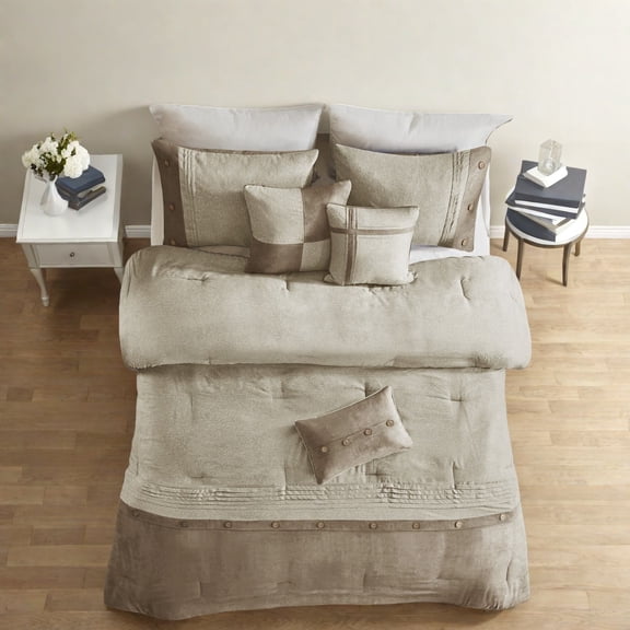 Rustic 7Piece Faux Suede Bedding Sets Tan Queen Size for Lodge Look