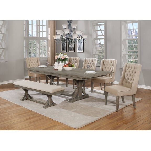 Rustic 7pc Dining Set with Beige Chairs and Bench and Extendable Wood Table