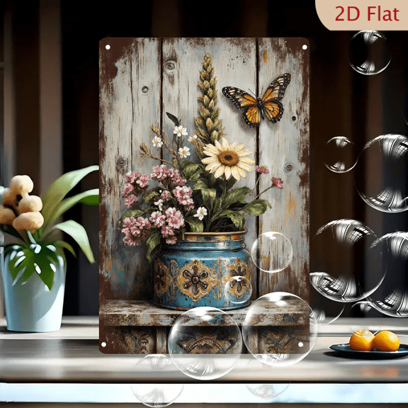 Rustic 8x12inches Tin Wall Art, Vintage Floral Still Life with Sunflower and Monarch Butterfly on Weathered Blue Wood Background, Distressed Turquoise Can Bouquet for Farmhouse Decor