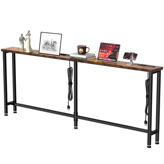 Rustic 90 Inch Extra-Long Built-in Power Strip With 4 AC Outlets And 4 USB Ports Metal Frame Console Table, Rustic Brown