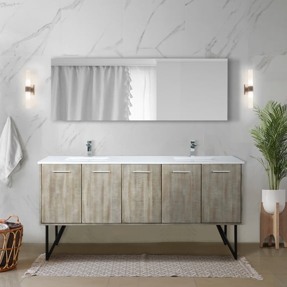 Rustic Acacia Double Bath Vanity 72 In. W X 20 In. D, White Quartz Top And Chrome Faucet Set