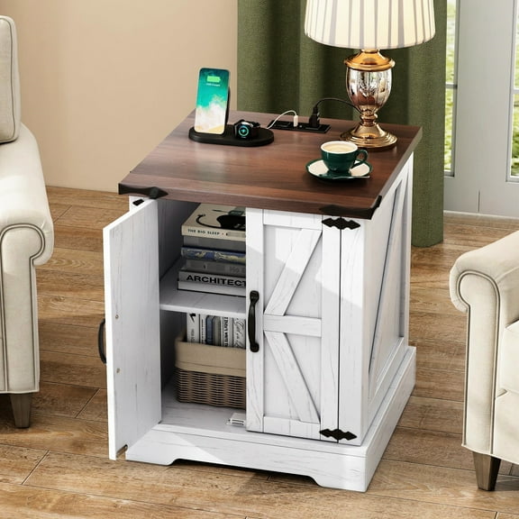 Rustic Accent Table With Charging Station - Spacious Compartment & Adjustable Shelf White And Medium Walnut Finish Bedside Function Ample Storage Space