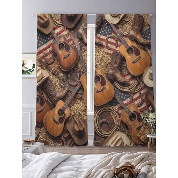 Rustic Acoustic Guitars Cowboy Hats Sheer Curtains 2 Panels Set Vintage Country Music Lihgt Filtering Rod Pocket Voile Drape,Semi Sheer Window Curtains for Bedroom Living Room,52"x84"