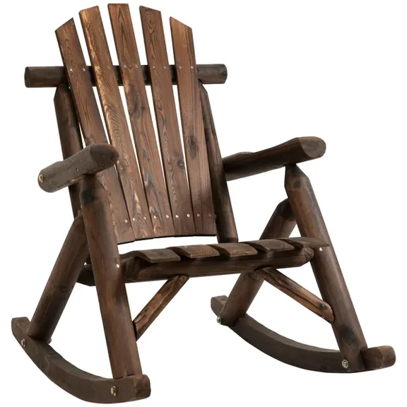 Rustic Adirondack Rocking Chair for Outdoor Patio-Wooden Log Rocker with Carbonized Finish