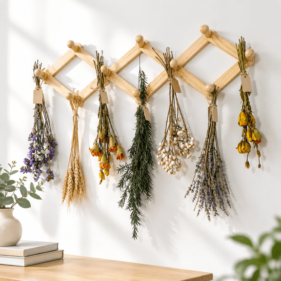 Rustic Adjustable Drying Rack Hanging Flower Dryer With Wall Hooks