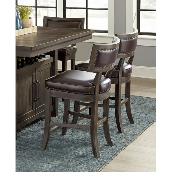 Rustic Aesthetic Dark Cherry Finish Counter Height Chair Set of 2 Wood Framed Nailhead Trim Faux Leather Upholstered Seat Kitchen Dining Room Furniture