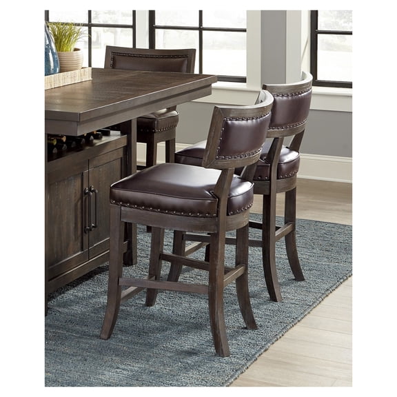 Rustic Aesthetic Dark Finish Counter Height Chair Set of 2 Wood Framed Nailhead Trim Faux Leather Upholstered Seat Kitchen Dining Room Furniture Distressed Brown + Dining Room + Rustic + Wood